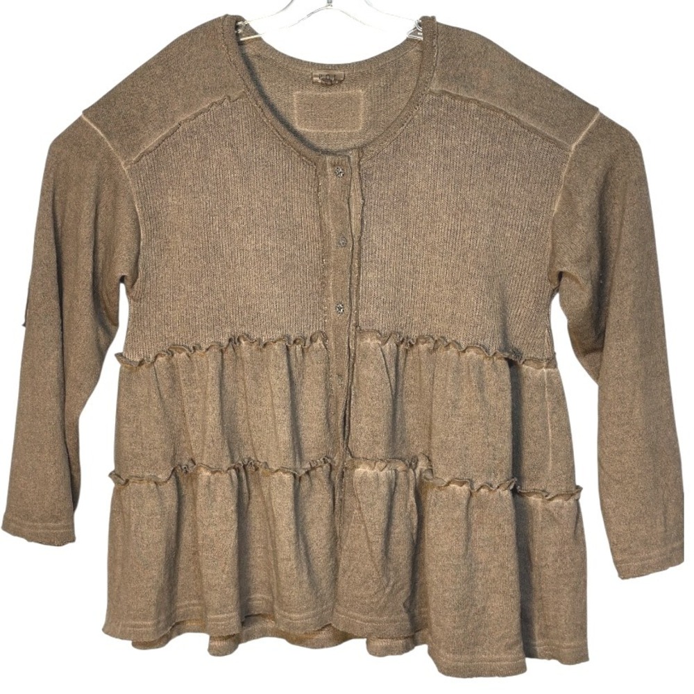 POL Knit Tunic Top Ruffle Trim‎ Tiered Long Sleeve Button Down Bobo Beige Size L